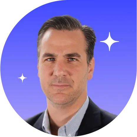 Portrait of Mike Mayhew, Chief Technical Officer at Lightspeed, shown in a professional headshot with a blue-purple gradient background and white sparkles.