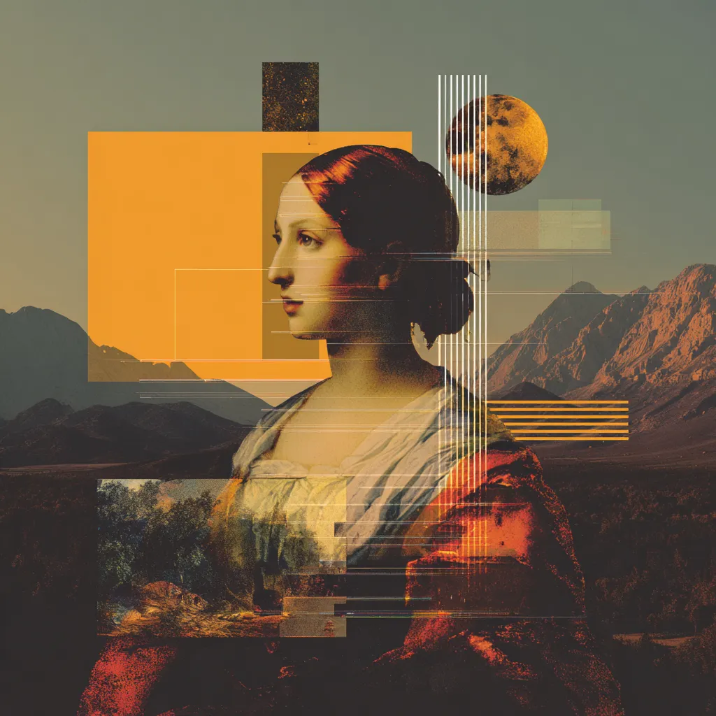 Modern surreal collage blending Renaissance portrait with geometric shapes, moon, and mountains, showcasing Pixel Dino’s fusion of classic and digital art.