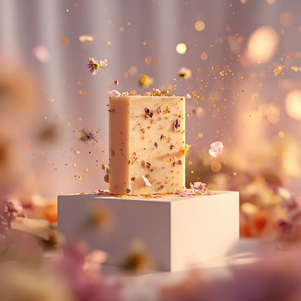 Artistic soap bar with dried flowers and golden particles floating mid-air, capturing Pixel Dino’s dreamy and luxurious product design atmosphere.
