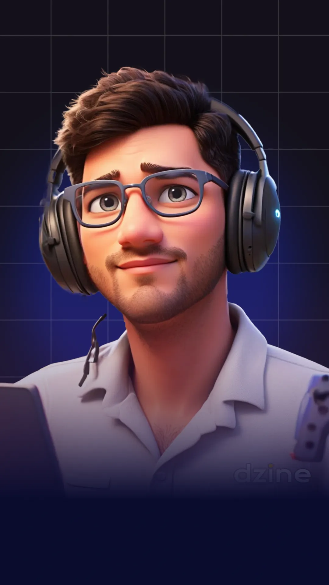 3D illustrated character of a smiling man with glasses and headphones, set against a grid background, reflecting Pixel Dino’s vibrant digital avatar style.