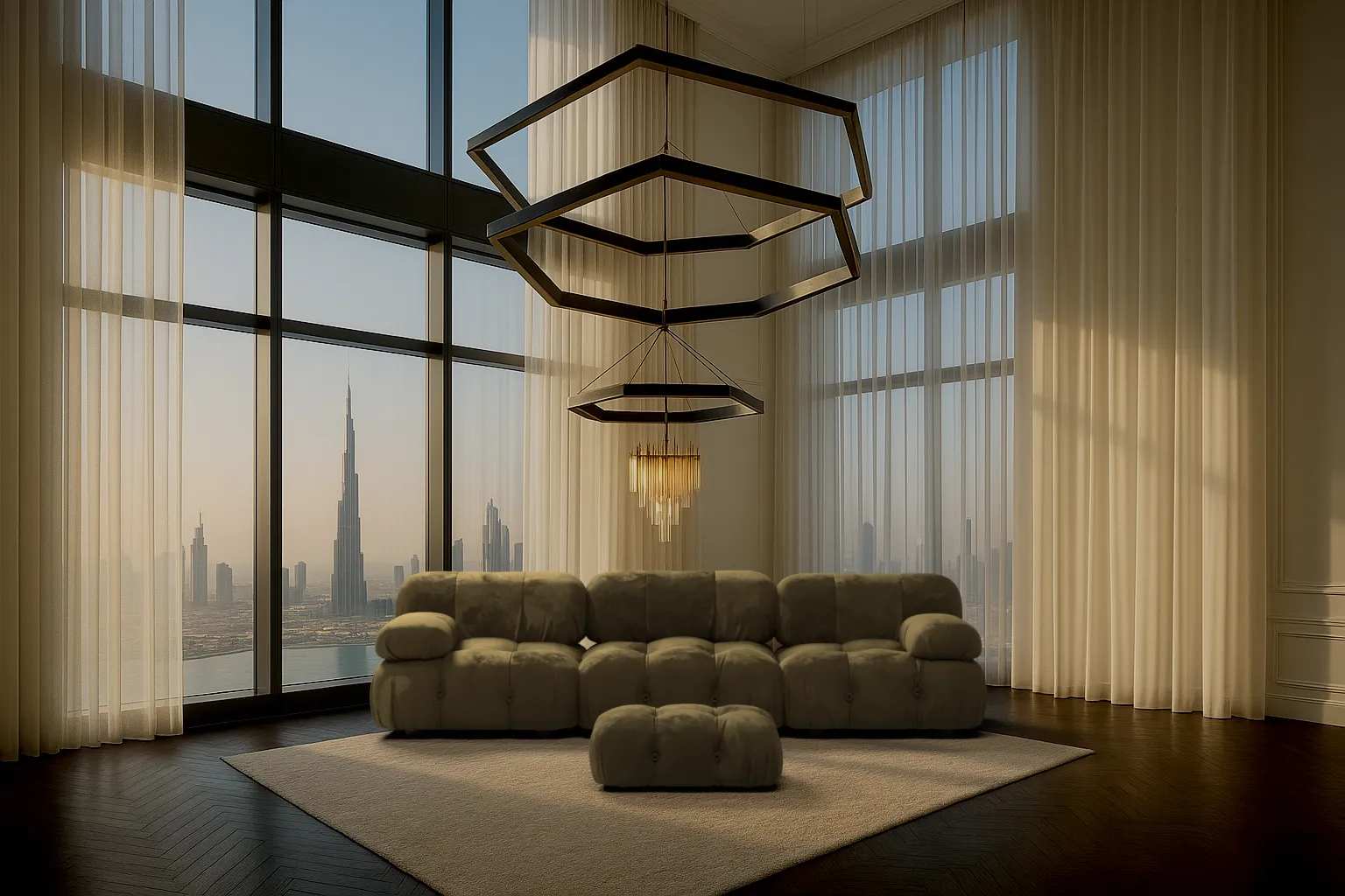 Luxurious living room with plush sofa, geometric chandelier, and floor-to-ceiling windows framing the Burj Khalifa skyline, styled by Pixel Dino.