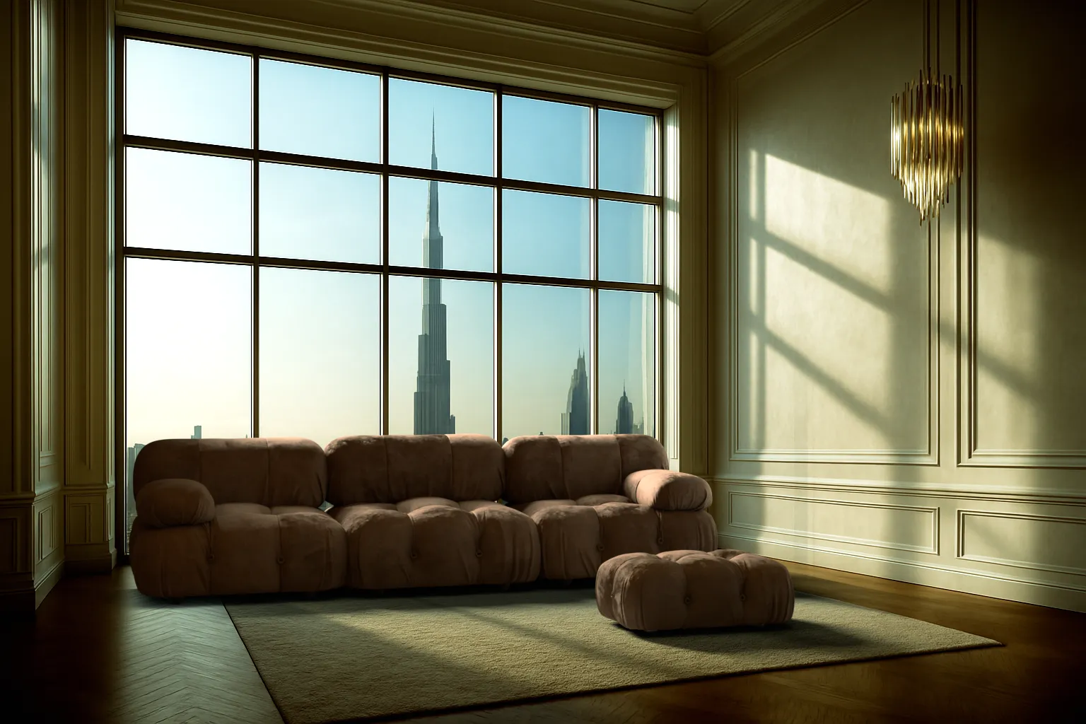 Elegant living room with plush brown sofa set, large window framing Burj Khalifa skyline, showcasing Pixel Dino’s high-end interior design visualization.