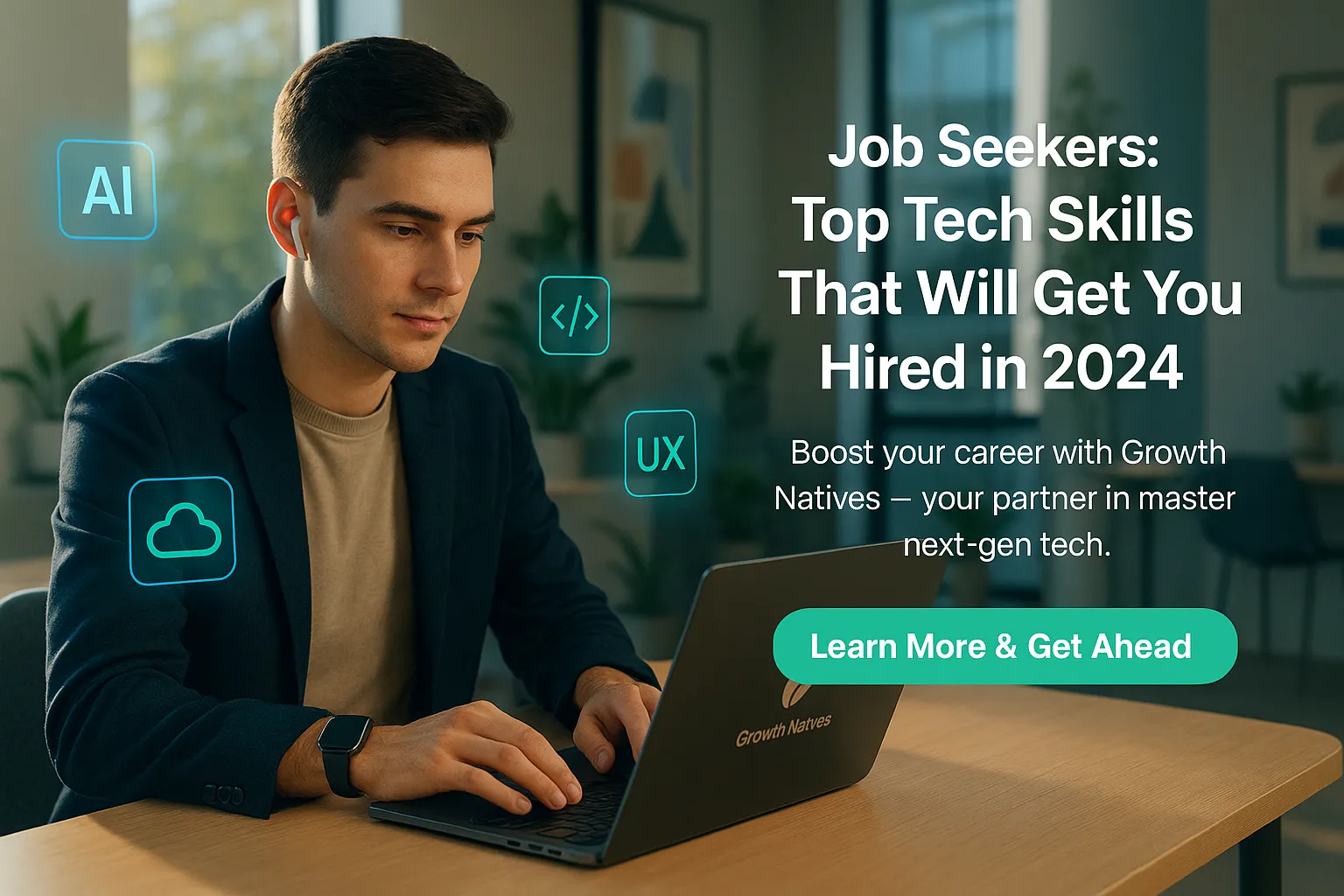 Professional man working on a laptop with floating tech icons for AI, UX, and cloud, promoting Growth Natives’ guide to top tech skills for job seekers in 2024.