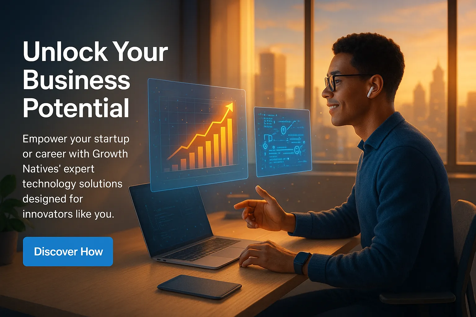 Professional man at a desk interacting with futuristic data visuals, reflecting Pixel Dino’s sleek business design theme for tech-driven growth solutions.