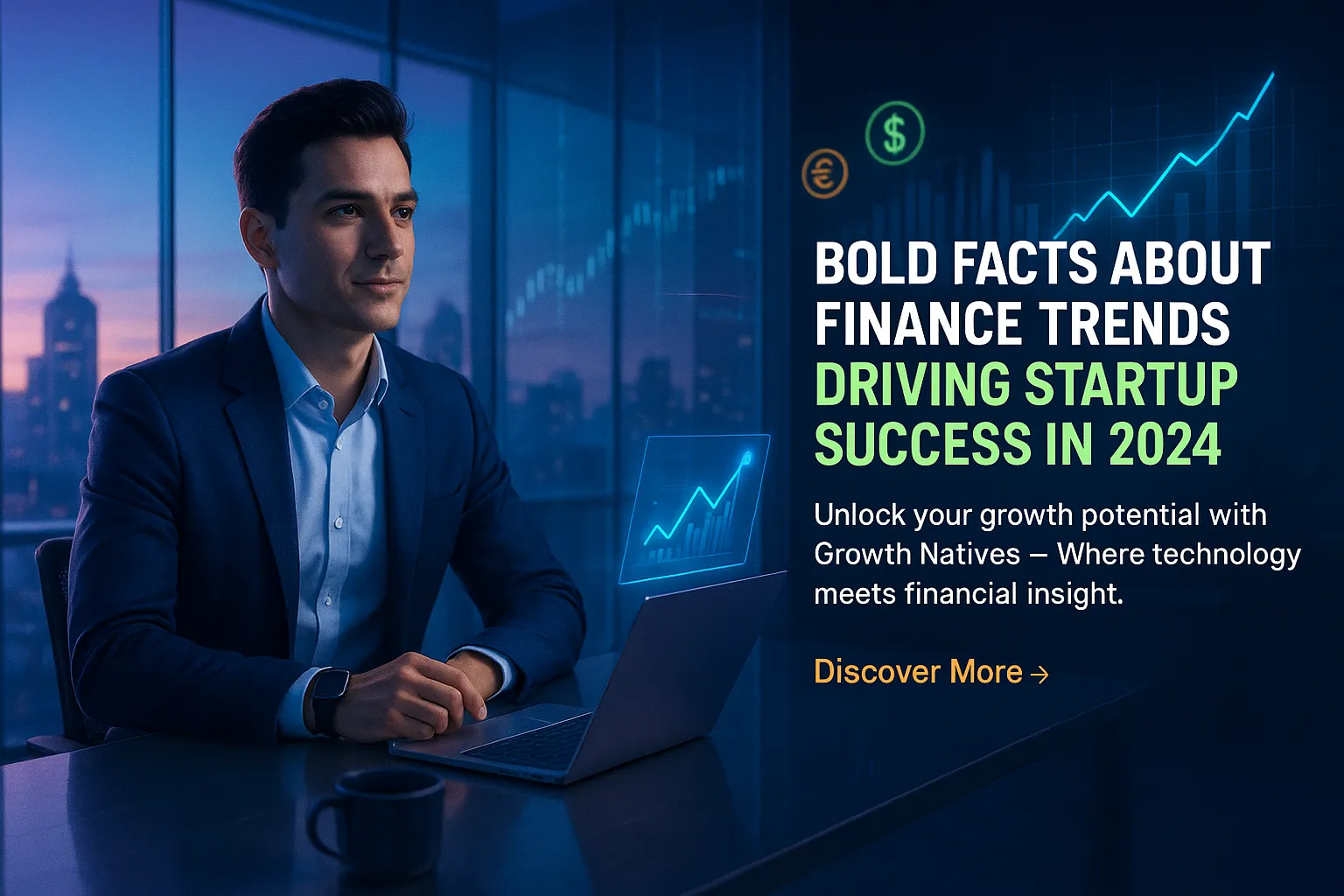 Business professional working on a laptop with financial graphs, promoting Growth Natives' insights on finance trends driving startup success in 2024.