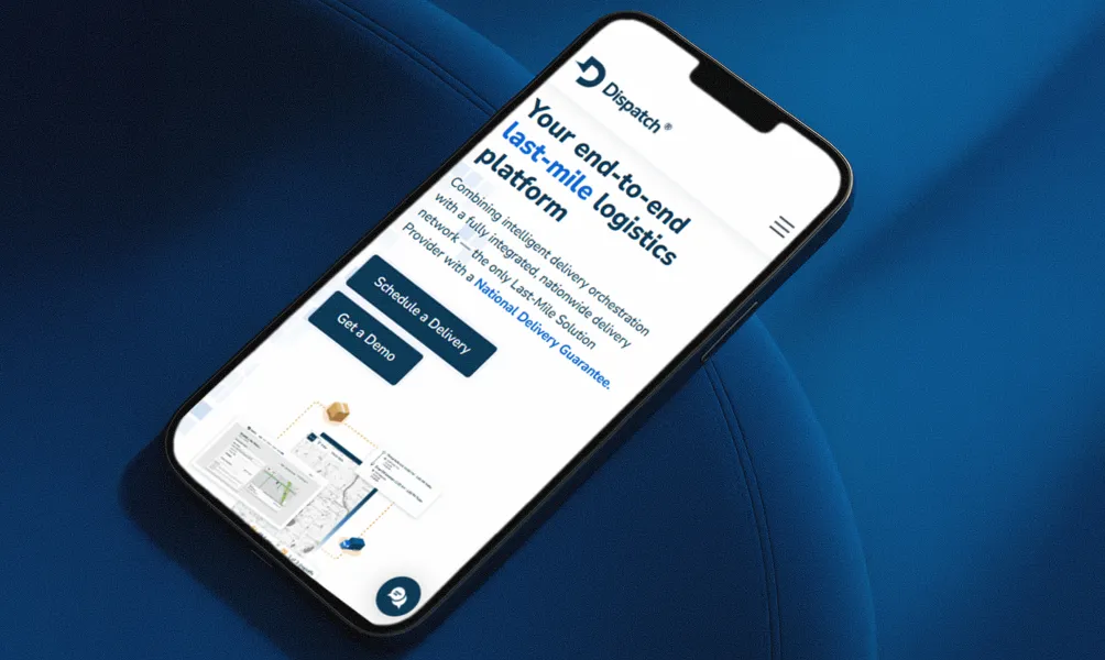 Smartphone displaying the Dispatch website, highlighting its end-to-end last-mile logistics platform with call-to-action buttons for scheduling a demo or getting a quote.