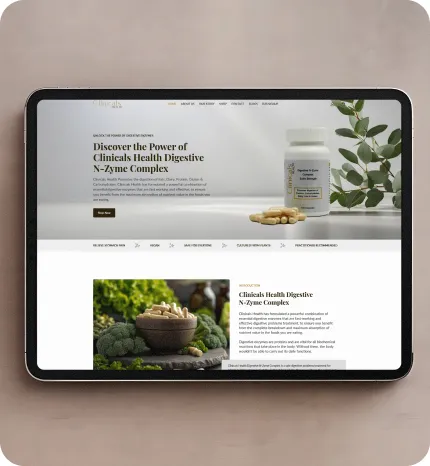 Tablet displaying a webpage for Clinicals Health Digestive N-Zyme Complex supplement, featuring a product bottle, capsules, and leafy plant in a clean, modern layout.