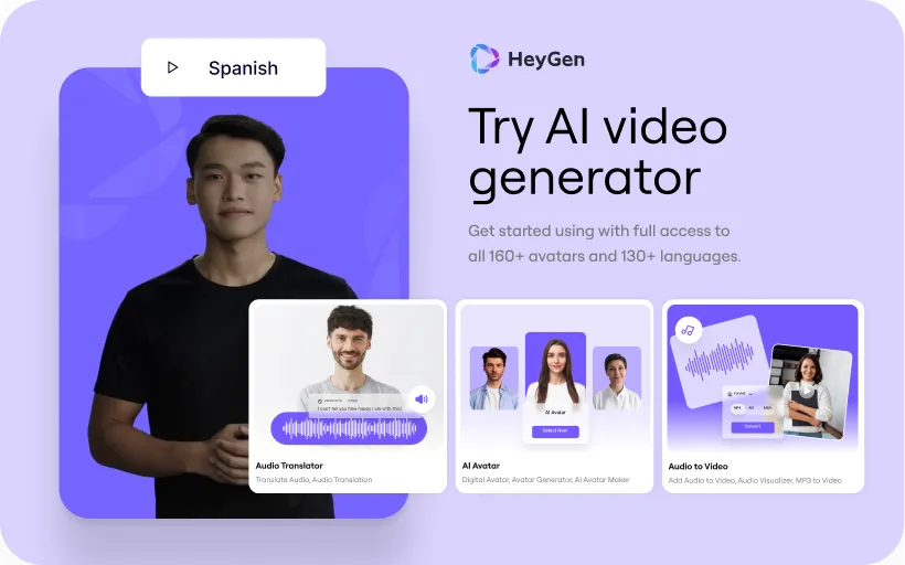 HeyGen promotional graphic showcasing its AI video generator with avatars, audio translation, and text-to-video tools in 130+ languages and 160+ avatar options.