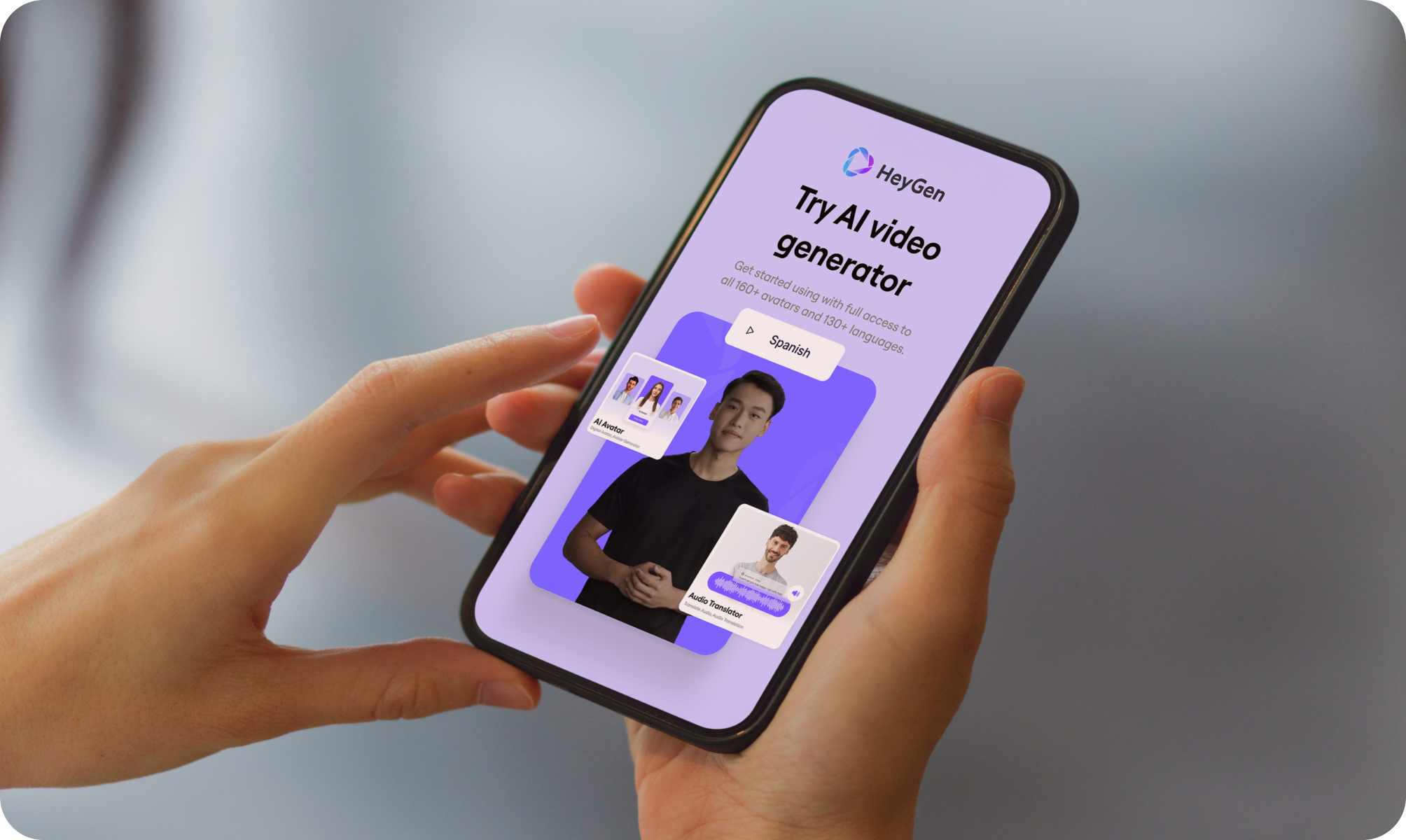 HeyGen promotional graphic showcasing its AI video generator with avatars, audio translation, and text-to-video tools in 130+ languages and 160+ avatar options.
