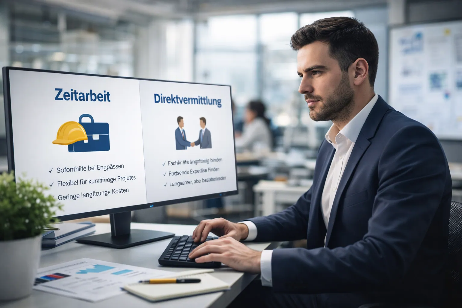 Zeitarbeit vs. Direktvermittlung. Wir zeigen Unterschiede, Vorteile und typische Einsatzfälle für Unternehmen im Bau- und Industriebereich.