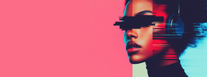 Stylised digital artwork of a young woman wearing headphones with a glitched effect obscuring her eyes. The background is split pink and blue, with the CTRL+SHFT logo on the left. Represents digital identity, online safety, and media distortion.