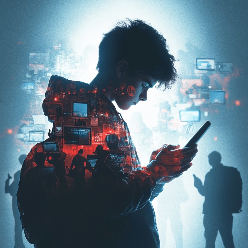 Silhouetted teenage boy looking at a smartphone, surrounded by glowing digital screens and shadowy figures, symbolising the overwhelming influence of technology and social media on young people