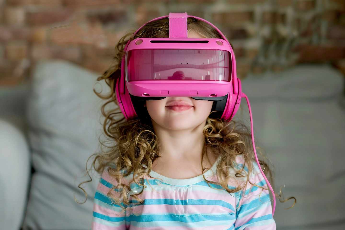 Smiling young girl wearing a bright pink virtual reality headset and headphones, experiencing immersive digital content at home, highlighting children's growing interaction with technology