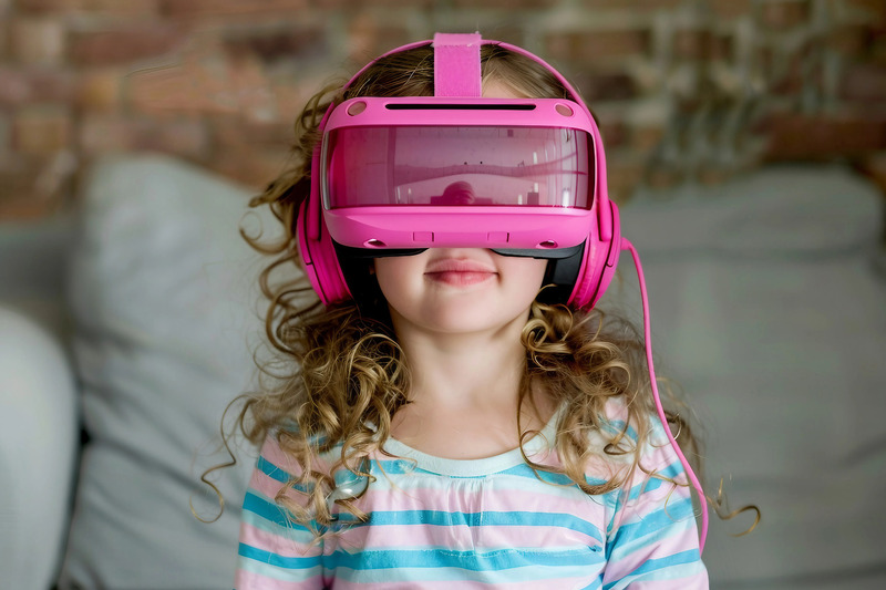 Smiling young girl wearing a bright pink virtual reality headset and headphones, experiencing immersive digital content at home, highlighting children's growing interaction with technology