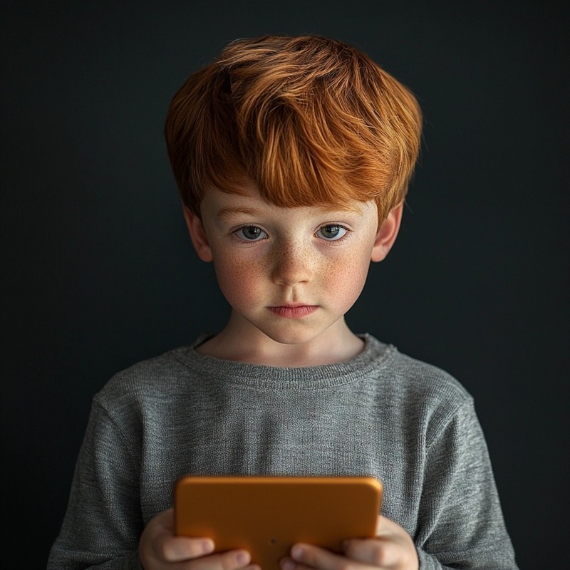 Serious young red-haired boy holding an orange tablet, staring intently at the screen, representing early childhood interaction with digital devices and the need for mindful screen time.