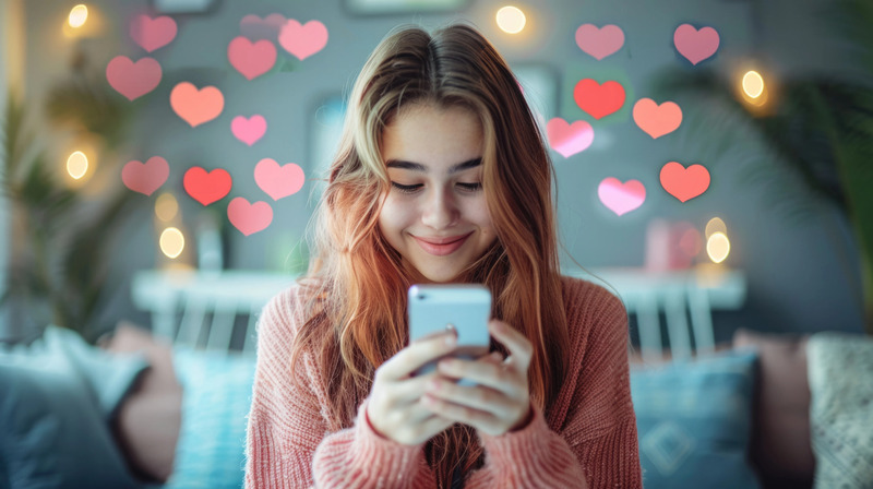 Smiling teenage girl looking at her smartphone with floating pink and red heart icons around her, symbolizing online relationships, digital affection, and social media interaction among teens