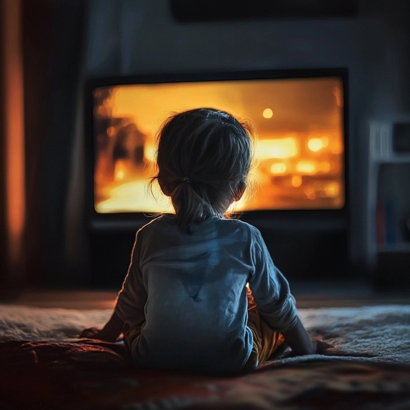 Small child sitting on the floor in a dark room, illuminated by the warm glow of a television screen, highlighting the impact of screen time on young children during nighttime hours.