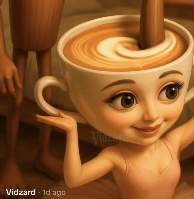 Playful animated character of a ballerina with a smiling face and a latte coffee cup as her head, featuring swirling foam art and a spoon stirring inside, blending fantasy with surreal digital illustration.