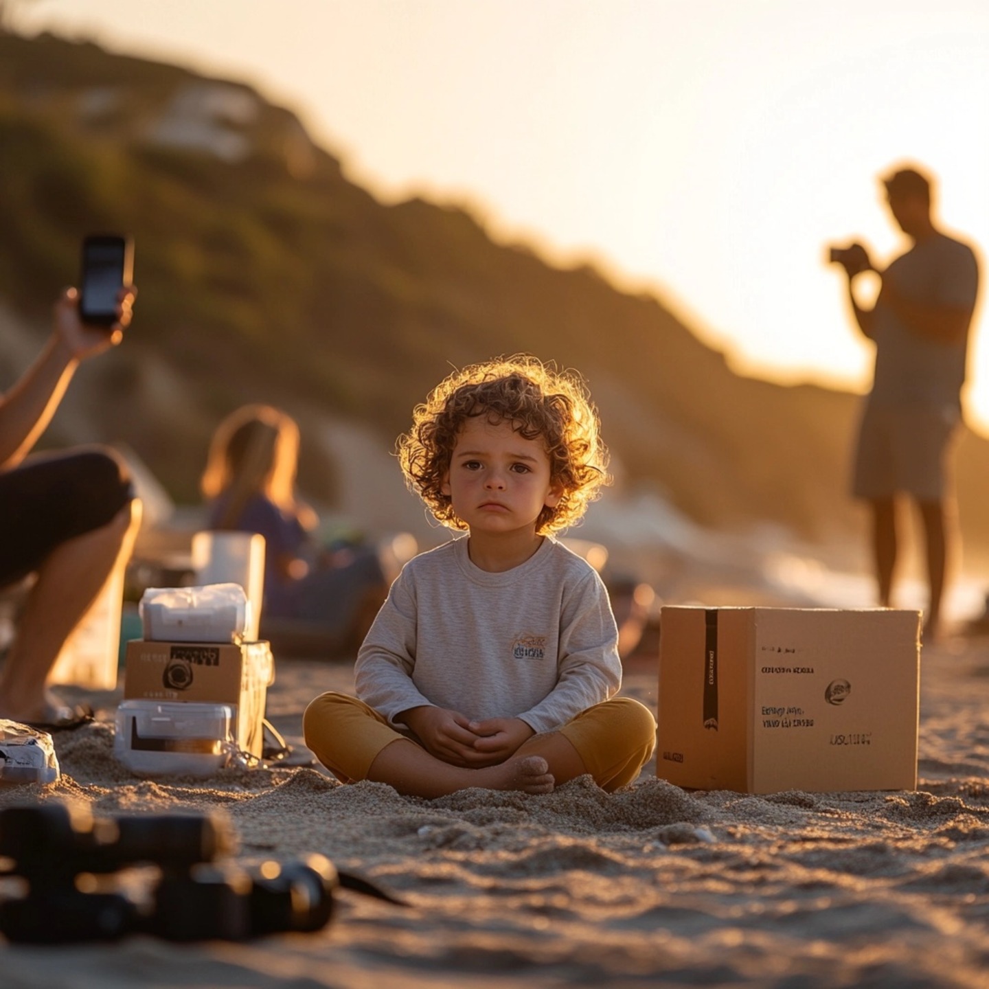 Curly-haired toddler sitting cross-legged in the sand at sunset, looking serious while surrounded by cardboard boxes and filming equipment, capturing themes of childhood, solitude, and digital distraction.