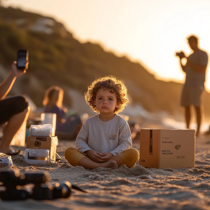 Curly-haired toddler sitting cross-legged in the sand at sunset, looking serious while surrounded by cardboard boxes and filming equipment, capturing themes of childhood, solitude, and digital distraction.
