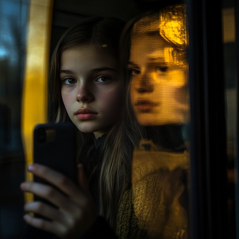 Teenage girl with long hair holding a smartphone, gazing out a window with her illuminated reflection visible in the glass, symbolizing digital identity, self-awareness, and emotional introspection in youth.