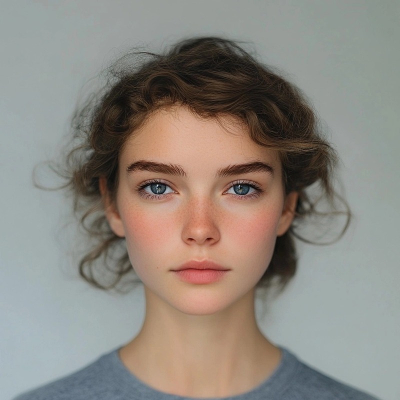 Close-up portrait of a teenage girl with curly brown hair, blue eyes, and a calm expression, wearing a grey top against a plain background, highlighting natural beauty, adolescence, and self-identity.