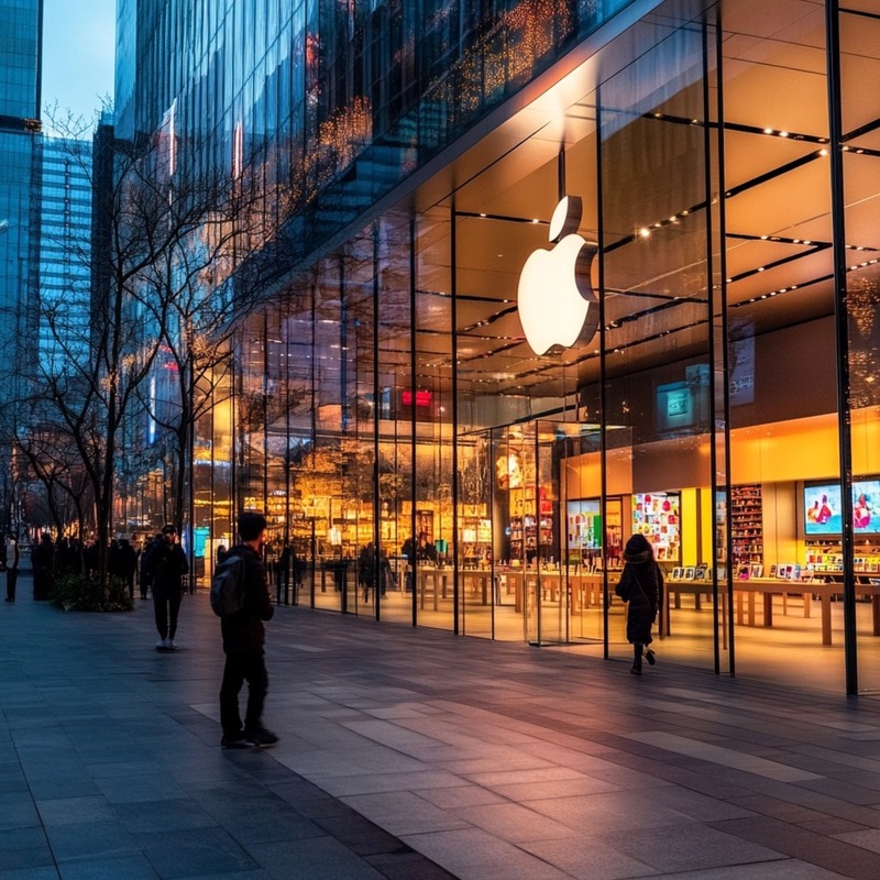 People walking past a brightly lit Apple Store with a large glass facade and illuminated Apple logo, set in a modern cityscape at dusk, showcasing cutting-edge retail design and urban technology culture.