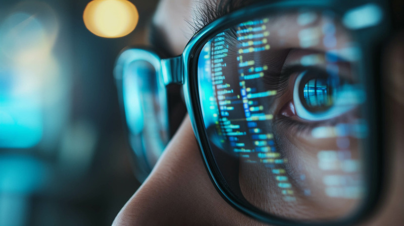 Macro close-up of a person wearing glasses with lines of computer code reflected on the lenses, symbolising focus, programming, cybersecurity, and the analytical mindset of tech professionals.