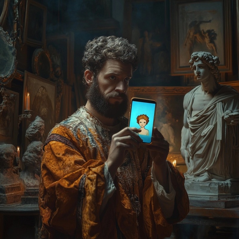 Bearded man dressed in Renaissance-style clothing standing in a dimly lit classical art studio, holding a smartphone displaying a cartoon avatar of a curly-haired woman, blending historical aesthetics with modern digital culture.
