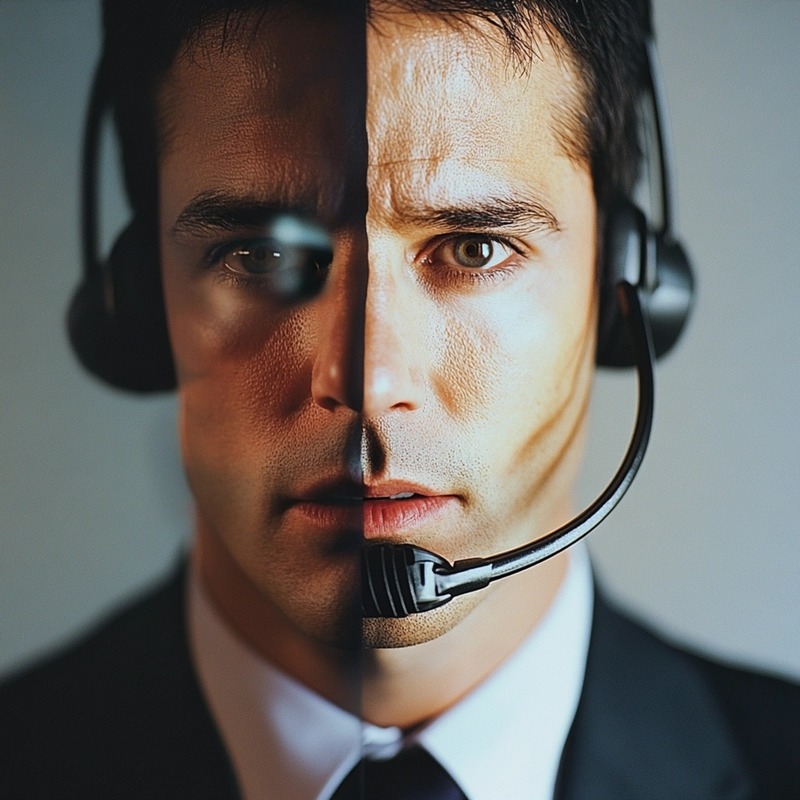 Close-up split portrait of a man wearing a headset, symbolizing two sides of a call center agent or a contrast between human and artificial intelligence in customer support, highlighting the evolving role of technology in communication.