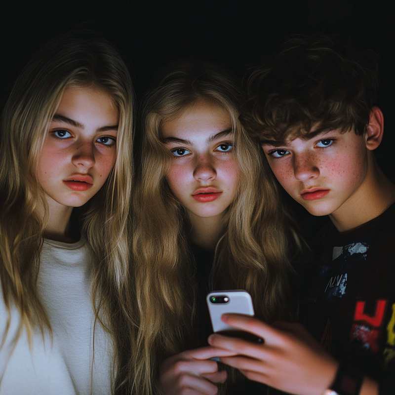 Three serious-looking teenagers, two girls and one boy, standing closely together in a dark environment, illuminated by the glow of a smartphone screen they are holding, symbolizing digital curiosity, social media engagement, and online peer influence.