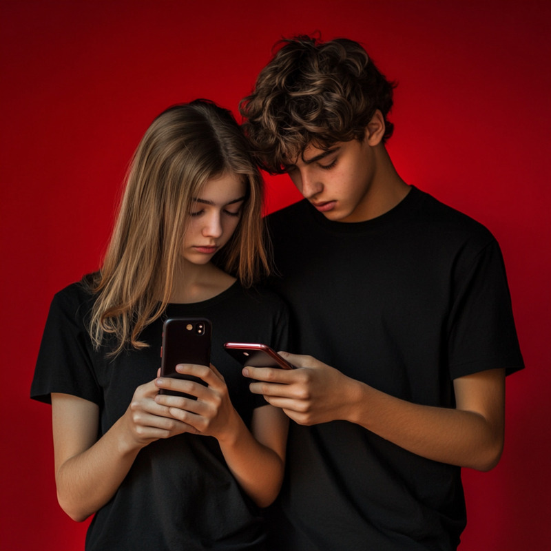 A teenage girl and boy wearing black t-shirts stand closely together, both focused on their smartphones against a vivid red background, illustrating youth screen time, digital interaction, and the impact of technology on social behaviour.