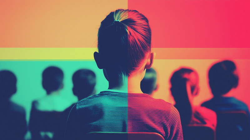 Back view of a child sitting in a classroom with other children, overlaid by vibrant color blocks symbolizing digital influence and privacy concerns in educational settings.