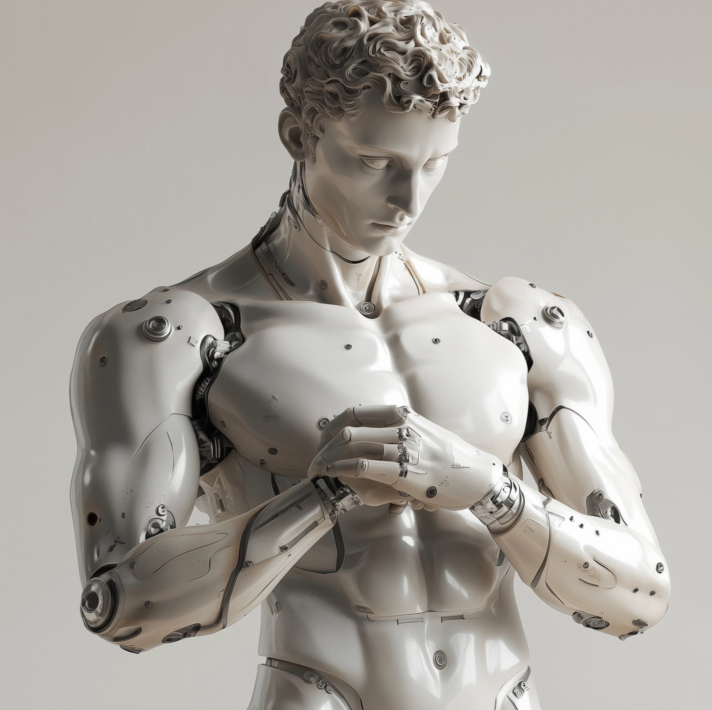 Sculptural humanoid robot with a muscular build and curly hair, designed with smooth, white mechanical components, posed with hands clasped in a thoughtful gesture, symbolizing the fusion of classical art and advanced artificial intelligence.