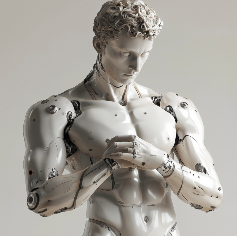 Sculptural humanoid robot with a muscular build and curly hair, designed with smooth, white mechanical components, posed with hands clasped in a thoughtful gesture, symbolizing the fusion of classical art and advanced artificial intelligence.