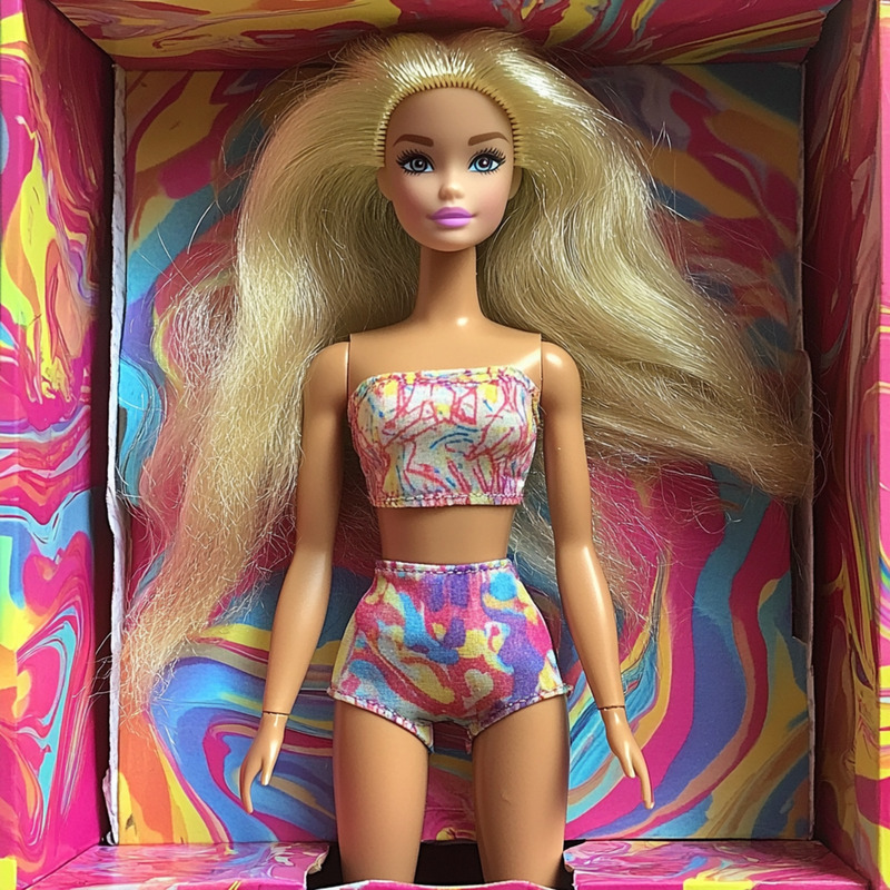 Blonde Barbie doll dressed in a colorful, abstract-patterned crop top and high-waisted shorts, displayed inside a vibrant psychedelic box with pink, yellow, and blue swirls, highlighting retro fashion and collectible toy design.