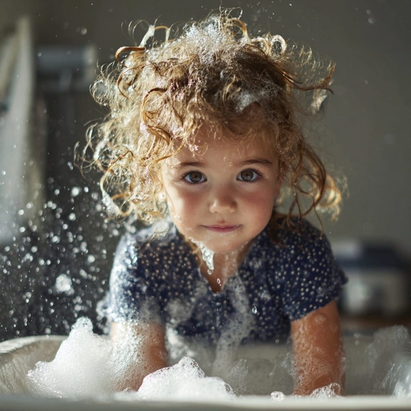 Smiling toddler with curly hair covered in soap suds, playing in a sink filled with bubbles, with water splashing around, capturing a candid and joyful childhood bath time moment.