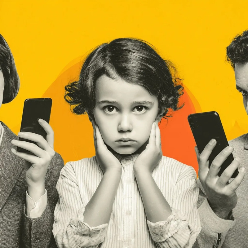 Sad young child holding their ears while standing between two adults focused on smartphones, set against a bright yellow background, illustrating the emotional impact of adult screen time and digital distraction on children.