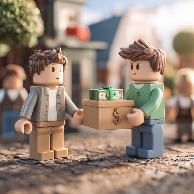 Two toy-like figures standing outdoors exchanging a box with a dollar symbol and a stack of cash on top, representing playful learning about money, business transactions, and early financial literacy for kids.