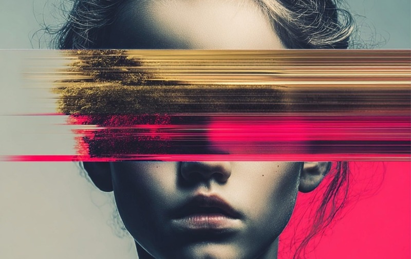 Close-up portrait of a person's face partially obscured by horizontal glitch-like brush strokes in gold and pink, symbolizing themes of digital distortion, identity, and visual censorship in modern art.