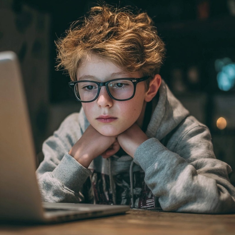 Young boy with glasses wearing a grey hoodie, sitting at a table and concentrating on a laptop screen, representing remote learning, technology use in education, and screen time among children.