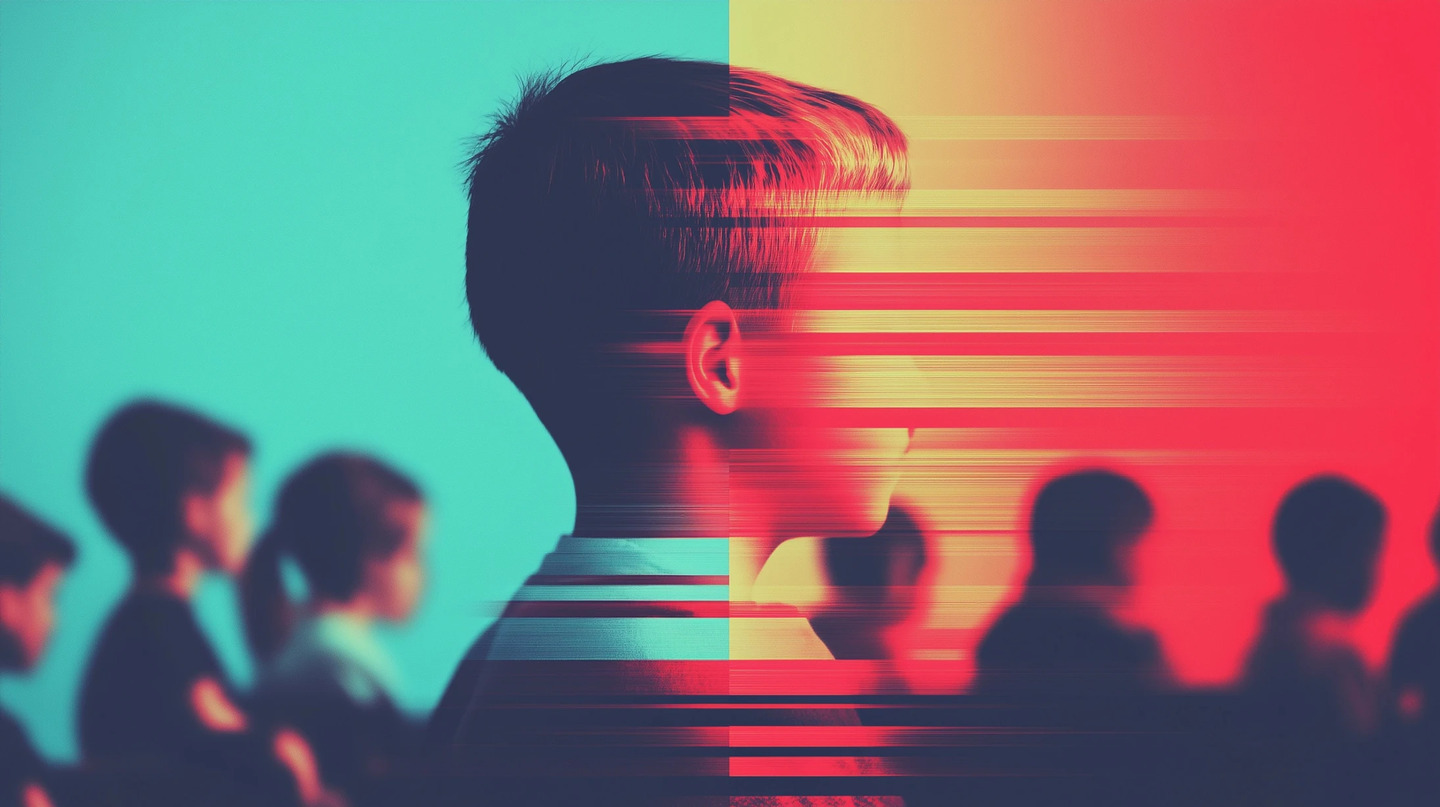 Stylized image of a child's profile with a blue and red split background, partially distorted with glitch-like lines, surrounded by silhouettes of other children, symbolizing digital distortion, identity fragmentation, and the impact of technology on youth.