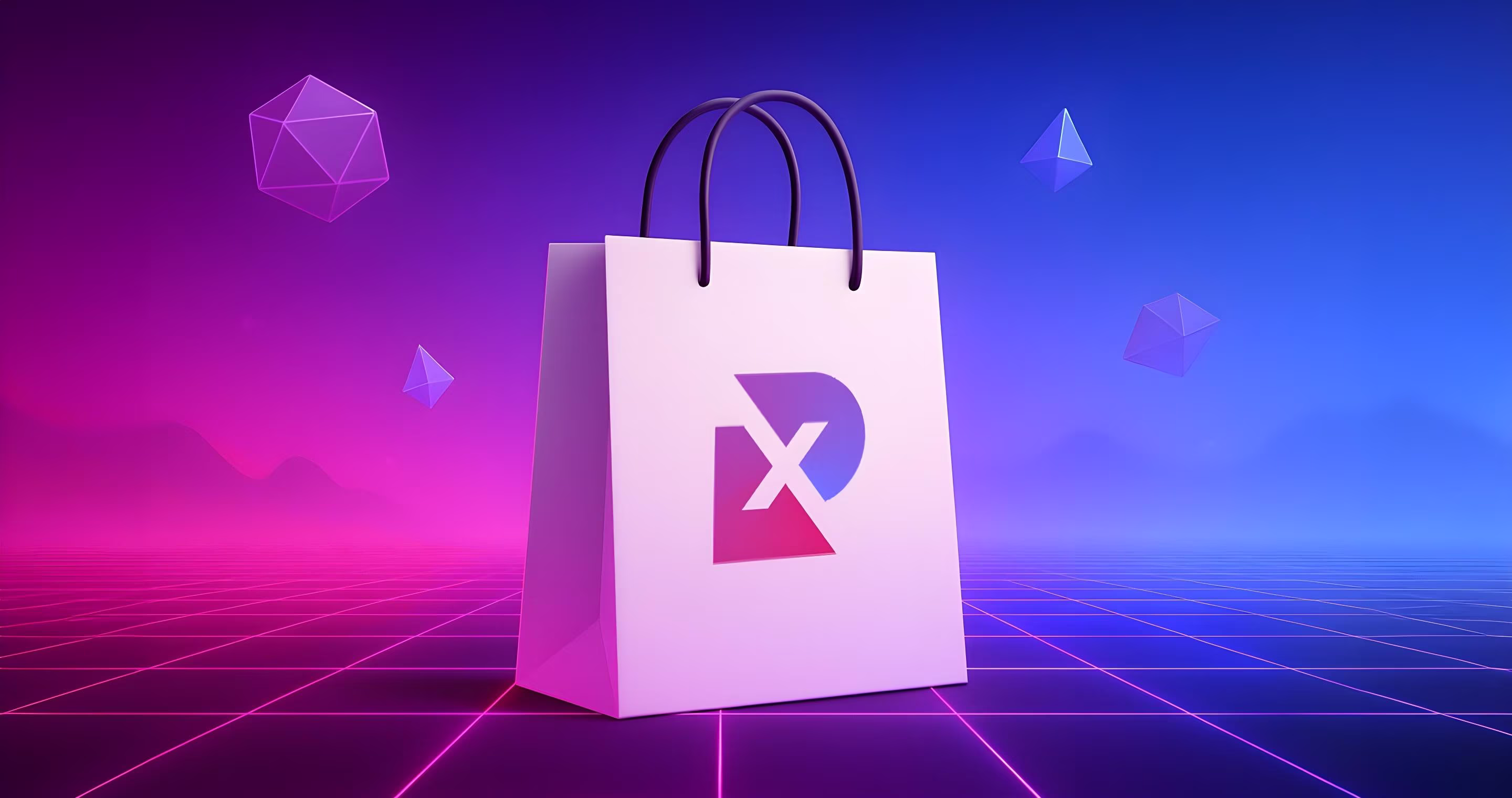 A shopping bag with the XR Studio's logo on a digital grid representing the various products & solutions available