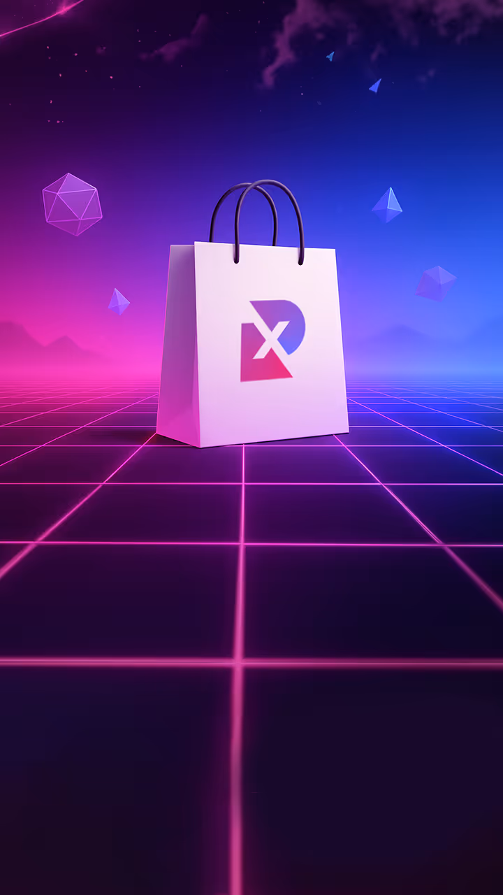 A shopping bag with the XR Studio's logo on a digital grid representing the various products & solutions available