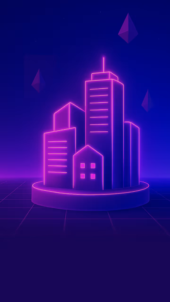 A small group of neon skyscrapers surrounded by a futuristic digital landscape