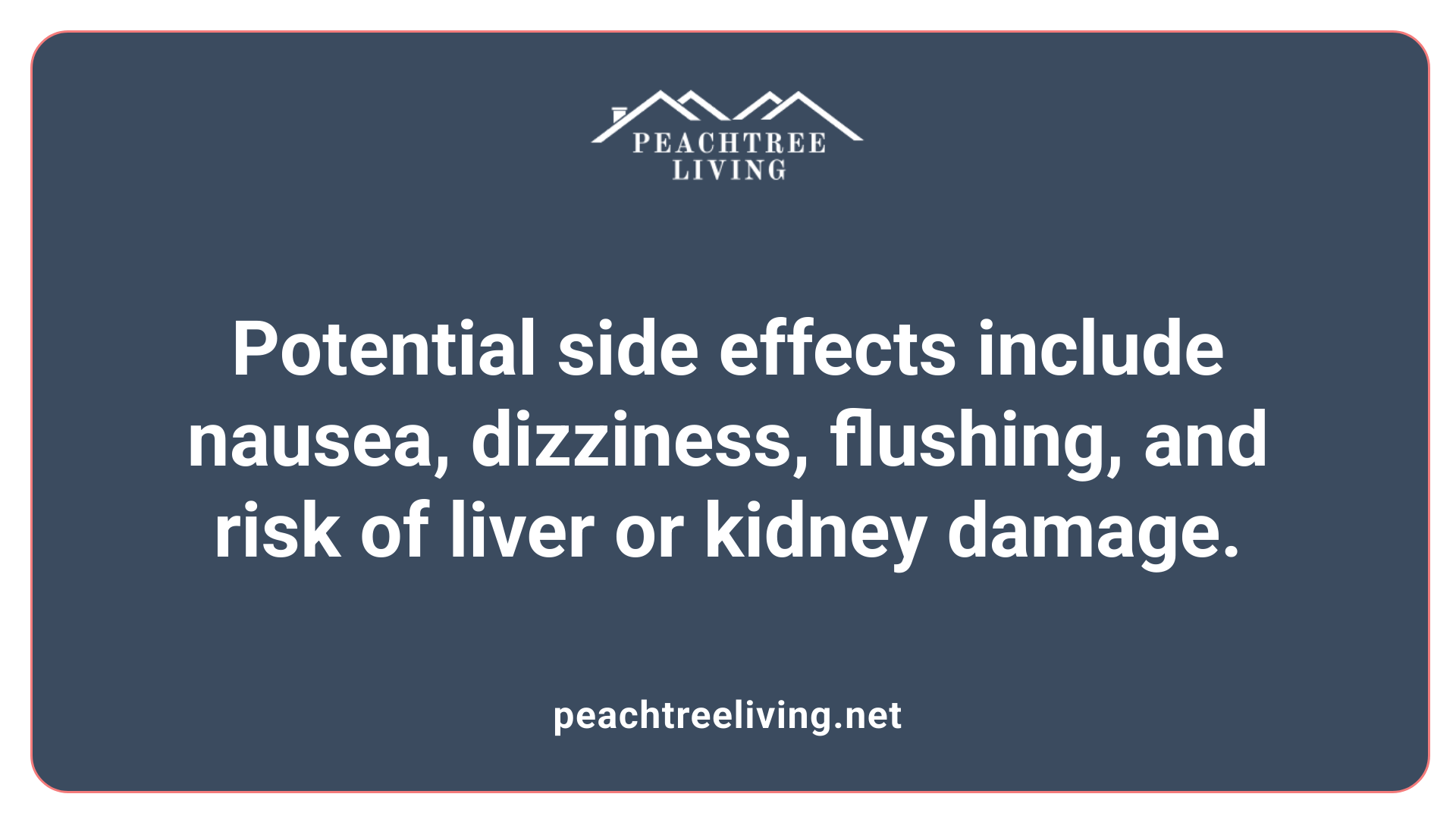 Potential side effects include nausea, dizziness, flushing, and risk of liver or kidney damage.