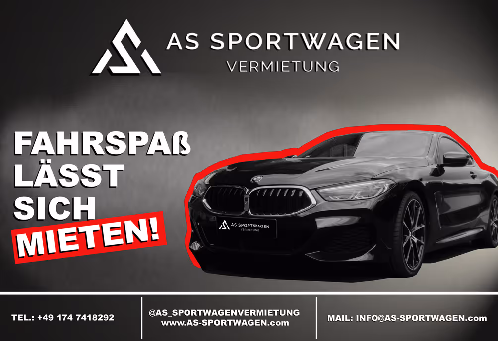 Werbeplakat für AS Sportwagenvermietung – schwarzer Sportwagen (BMW), Slogan „Fahrspaß lässt sich mieten!“, Kontaktdaten und Logo auf dunklem Hintergrund