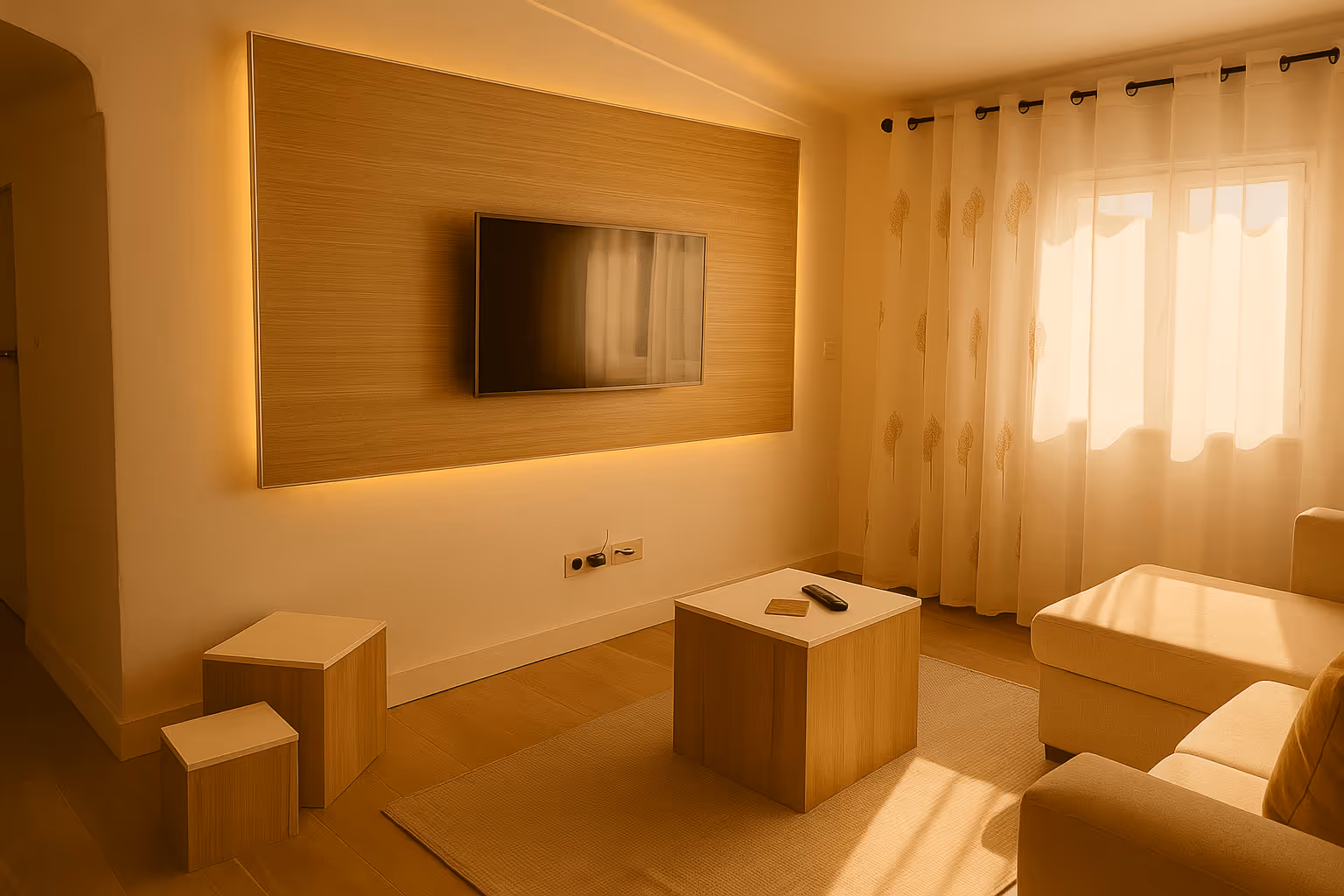 Modern living room with a wall-mounted flat-screen TV on a wood panel, two nested wooden stools, a wooden coffee table, a beige sectional sofa, and sheer curtains with leaf patterns over a window.