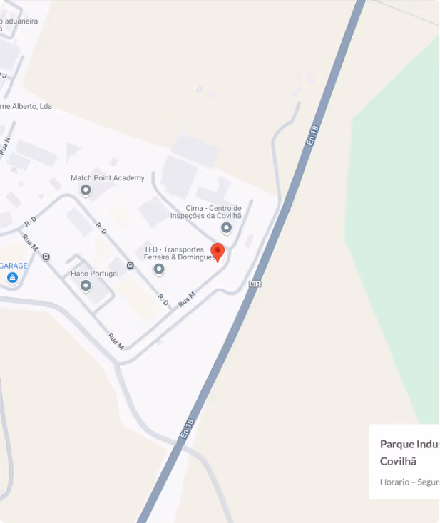 Mapa do Parque Industrial da Covilhã mostrando estradas como a EN 18 e edifícios marcados incluindo TFD - Transportes Ferreira & Domingues, Cima - Centro de Inspeções da Covilhã e Match Point Academy.