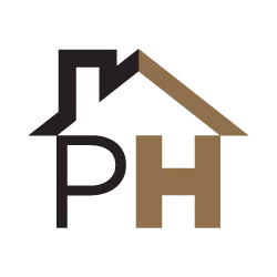 Logótipo com as letras P e H formando uma casa estilizada, com o telhado em cor castanha.
